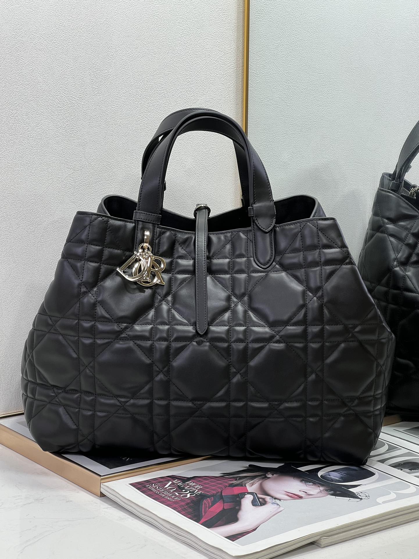 Large Dior Toujours Bag Black Macrocannage Calfskin